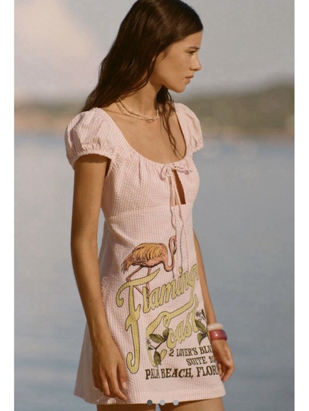 Celandine Women’s Pink White Scoop Neck Front Tie Mini Dress Size Large NWT